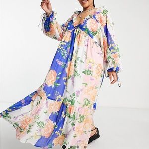 ASOS DESIGN Curve long sleeve chiffon midi smock dress in oversized floral print